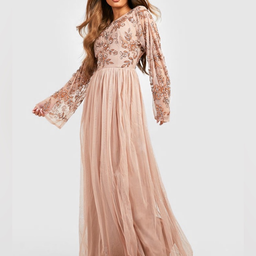 BRIDESMAID HAND EMBELLISHED LONG SLEEVE MAXI DRESS